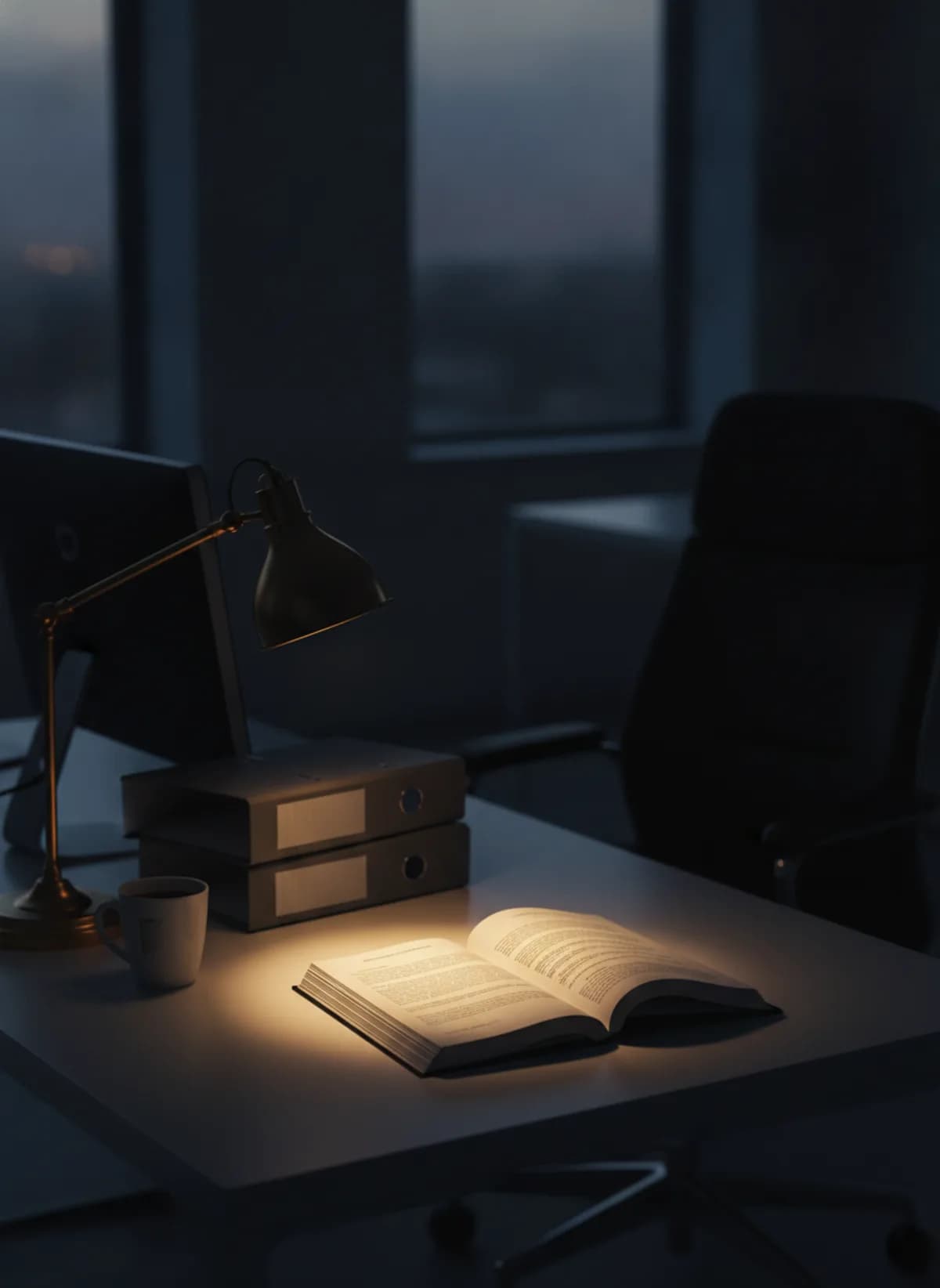 Verlassener Schreibtisch am Abend, auf dem ein aufgeschlagener Vertrag im Licht einer Schreibtischlampe liegt